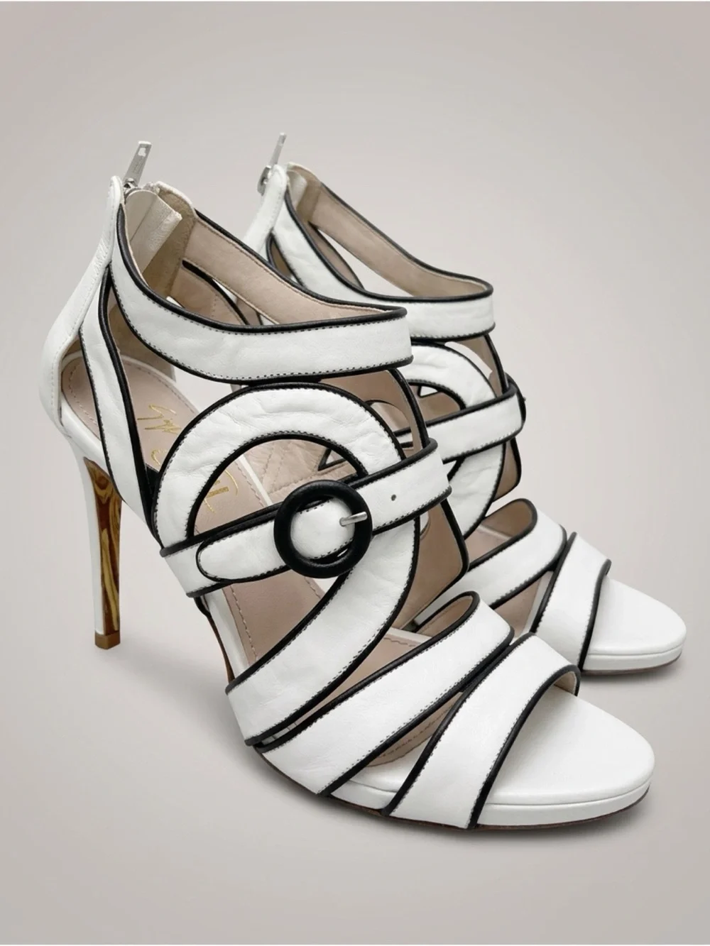 Jerome C Rousseau strappy leather high heels, buckle, black/white, EUC, 36.5